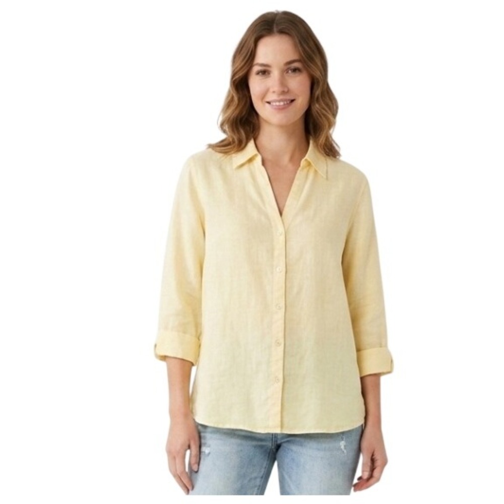 David N Woman Linen Shirt Womens 2X Yellow 3/4 Sleeve Button Up Classic Coastal‎